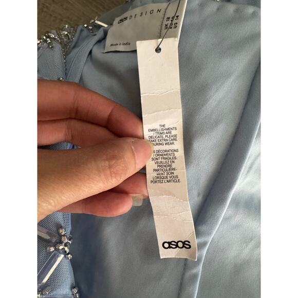 NWT ASOS DESIGN Light Blue Beaded Feather Hem Dress Size 14 Glam Formal Gown - Picture 5 of 16
